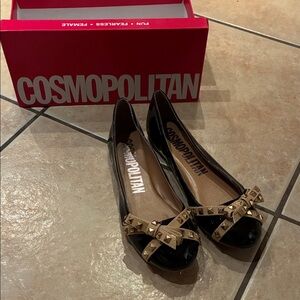 Cosmopolitan Black Flats with Gold Studded Bow